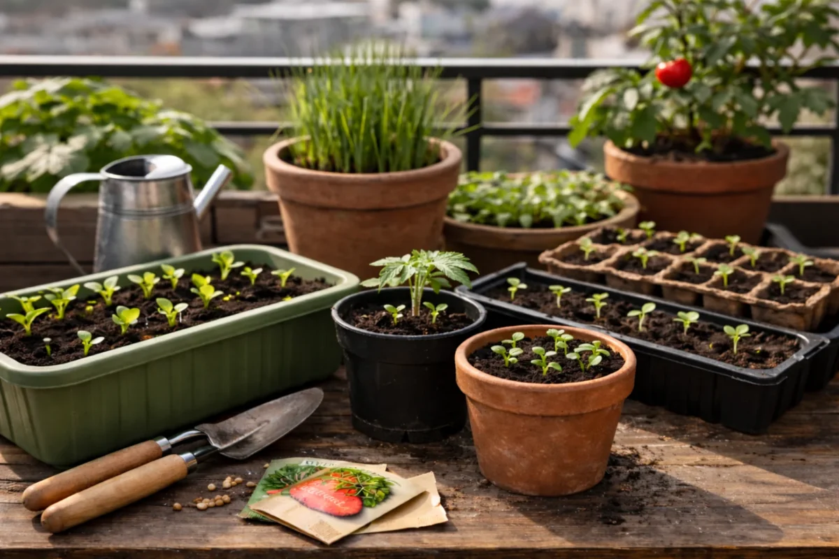 Wiosenne wysiewy w donicach na balkonie z małymi rozsadami warzyw i ziół oraz akcesoriami do sadzenia