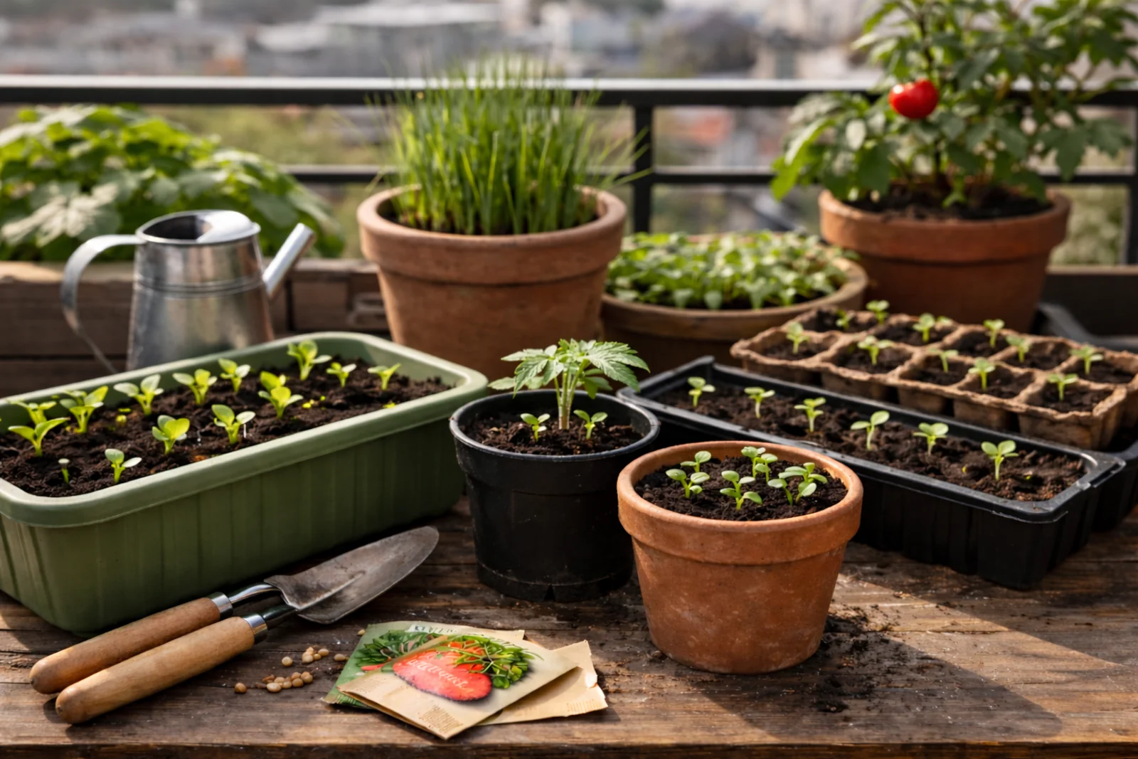 Wiosenne wysiewy w donicach na balkonie z małymi rozsadami warzyw i ziół oraz akcesoriami do sadzenia
