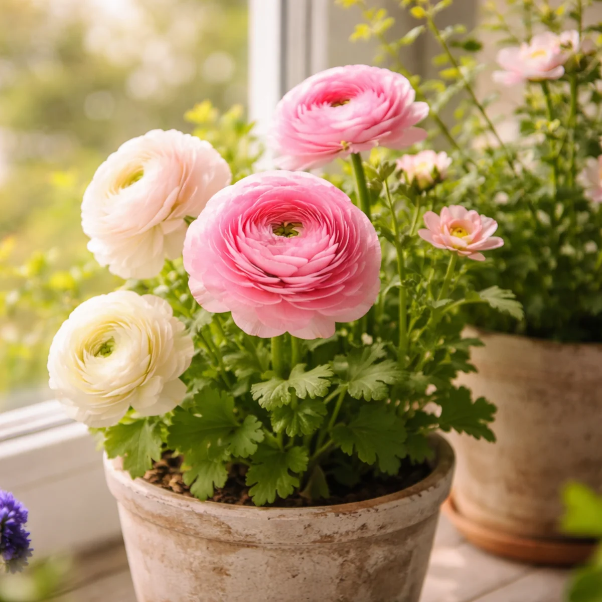 Zbliżenie na wiosenny kwiat doniczkowy w jasnej doniczce ustawionej na parapecie przy oknie