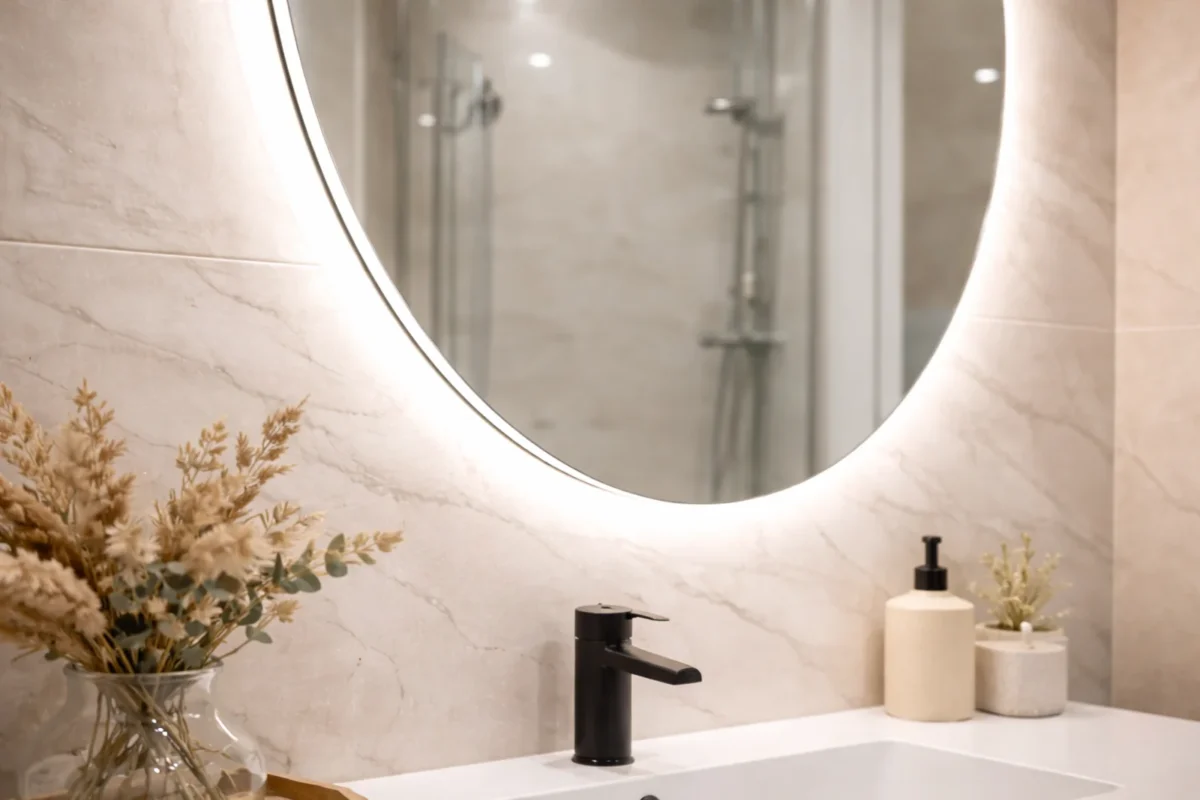 Zbliżenie na okrągłe lustro LED w małej łazience – poświata światła na płytkach i odbicie prysznica