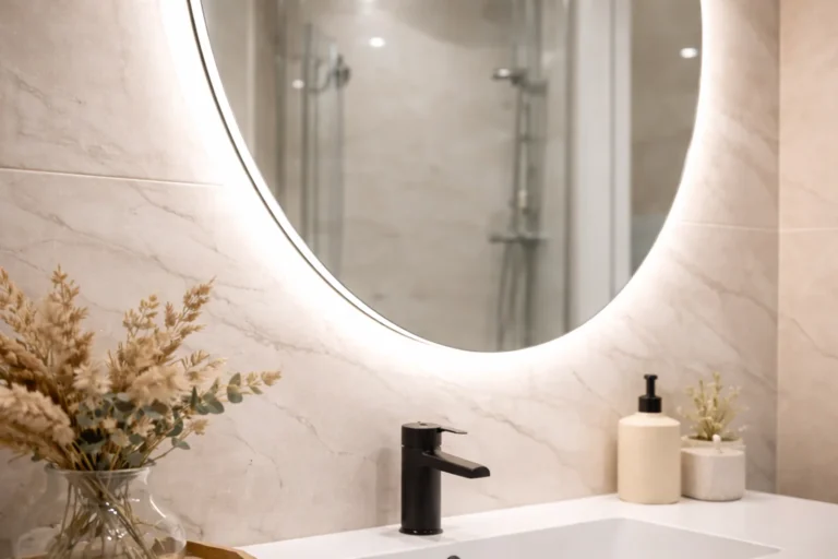 Zbliżenie na okrągłe lustro LED w małej łazience – poświata światła na płytkach i odbicie prysznica