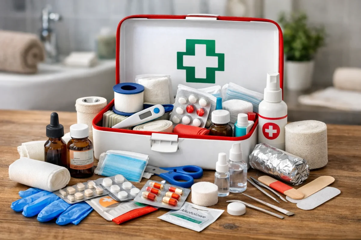 Apteczka domowa z podstawowym wyposażeniem: bandaże, plastry, nożyczki, rękawiczki i środki opatrunkowe