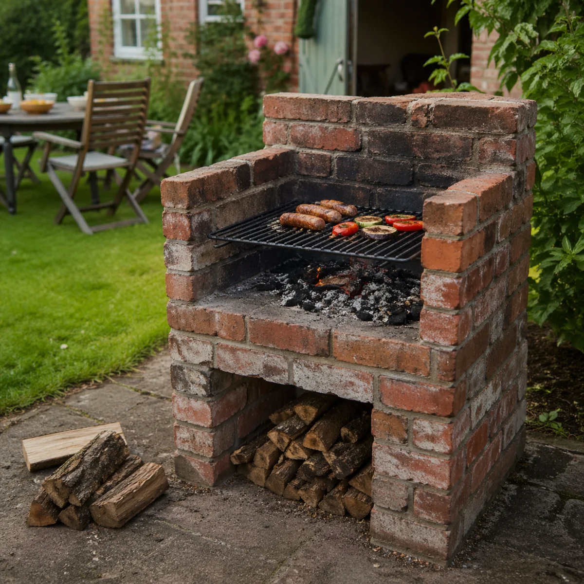 Ceglany grill ogrodowy wykonany ręcznie w przydomowym ogrodzie