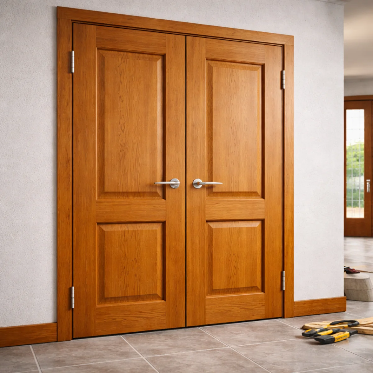 Ciężkie drzwi drewniane w futrynie osadzonej w ścianie we wnętrzu domu