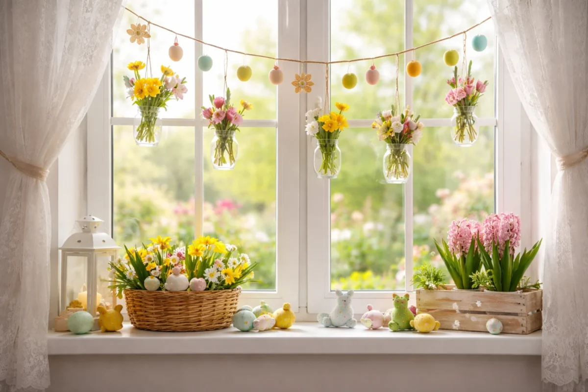 Dekoracje wiosenne na okna z kwiatami, girlandą i ozdobami na jasnym parapecie