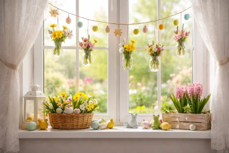 Dekoracje wiosenne na okna z kwiatami, girlandą i ozdobami na jasnym parapecie