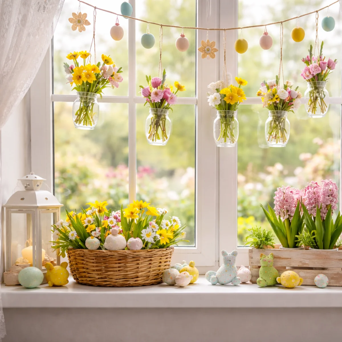 Zbliżenie na dekoracje wiosenne na okna i parapet z kwiatami oraz koszyczkiem