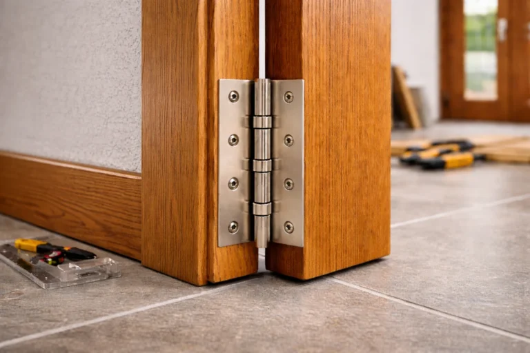 Dolny zawias w ciężkich drzwiach drewnianych zamontowany do futryny osadzonej w ścianie