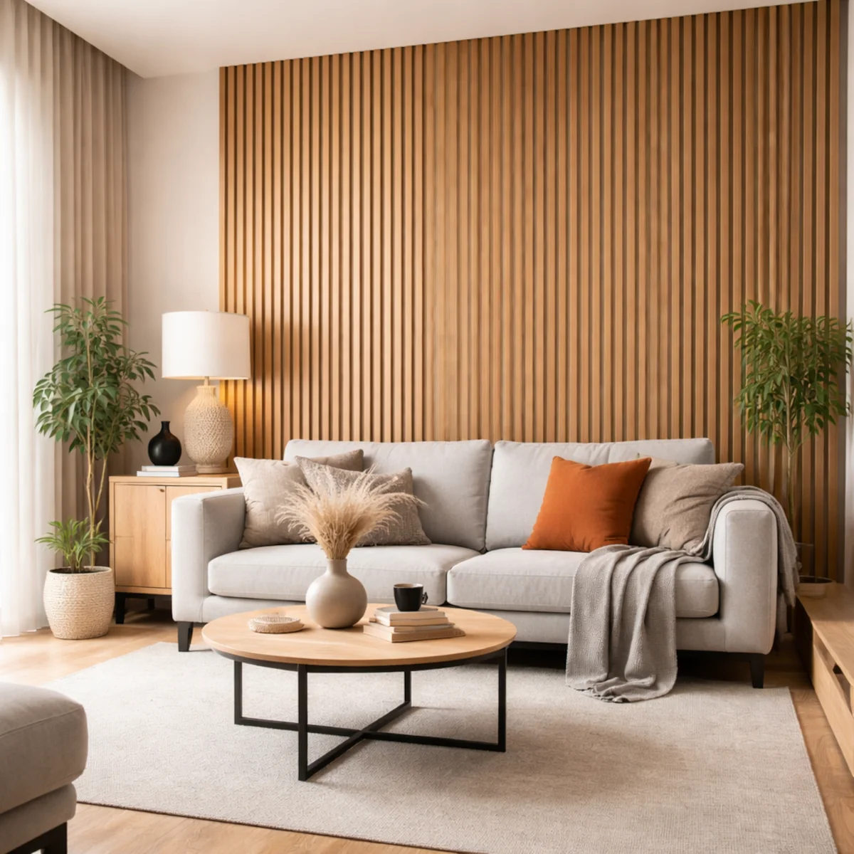 Drewniane lamele ścienne za sofą w jasnym salonie z nowoczesną aranżacją