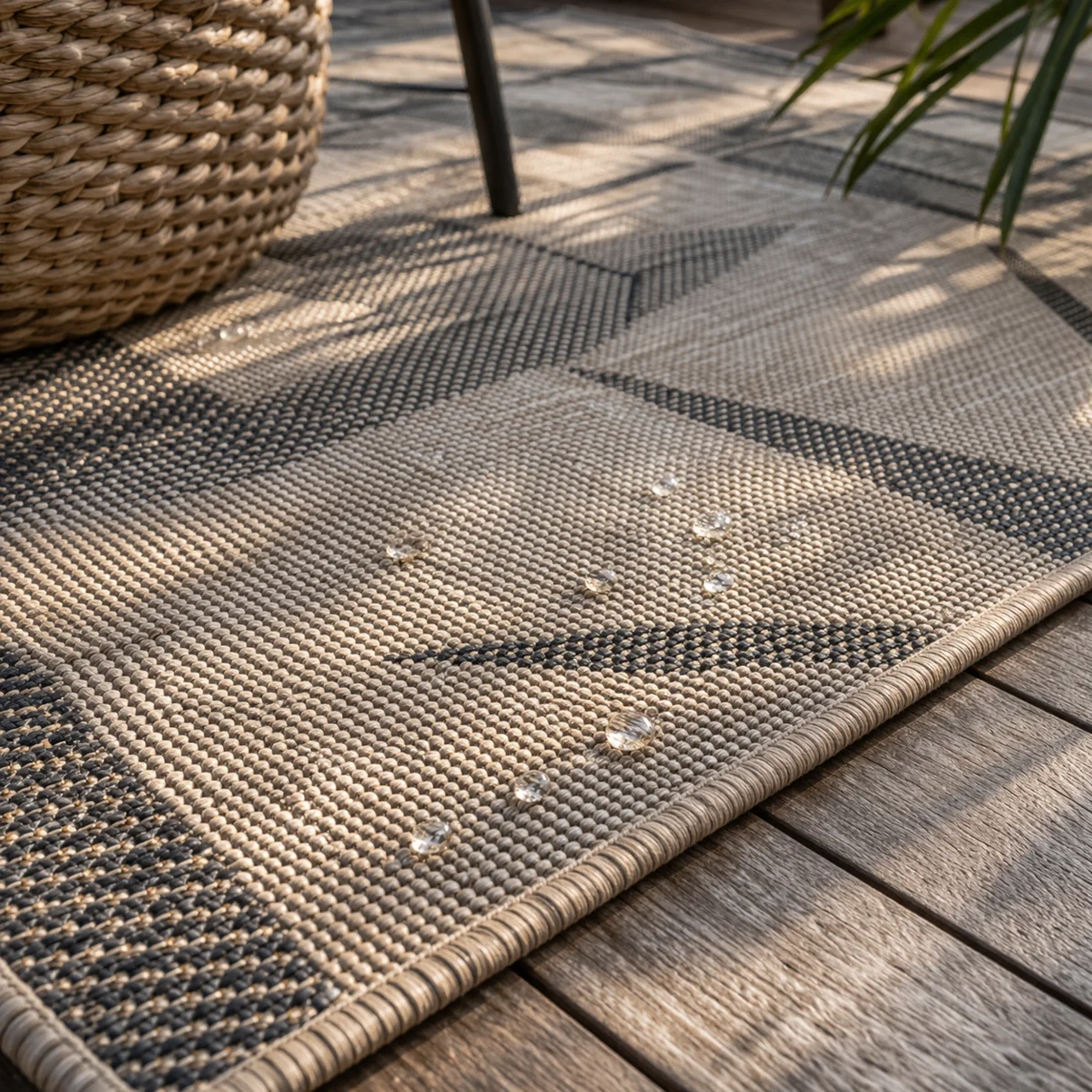 Dywan zewnętrzny na taras z kroplami wody na powierzchni i widoczną strukturą splotu