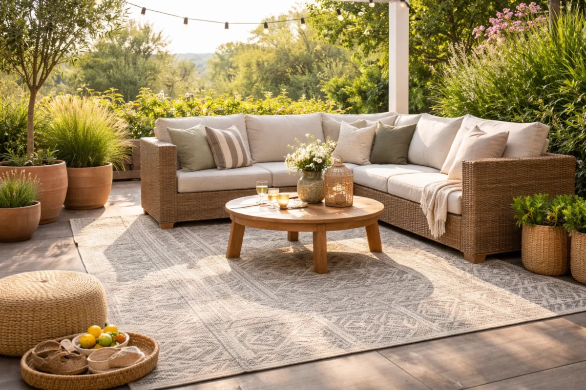 Zbliżenie na strukturę dywanu zewnętrznego na taras z płaskim splotem i geometrycznym wzorem