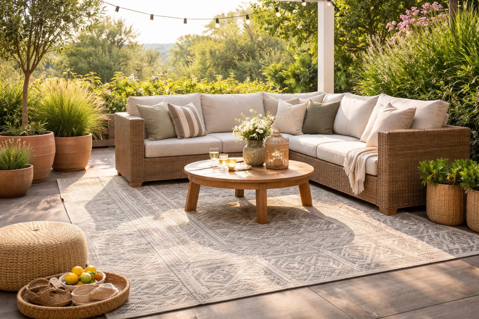 Zbliżenie na strukturę dywanu zewnętrznego na taras z płaskim splotem i geometrycznym wzorem