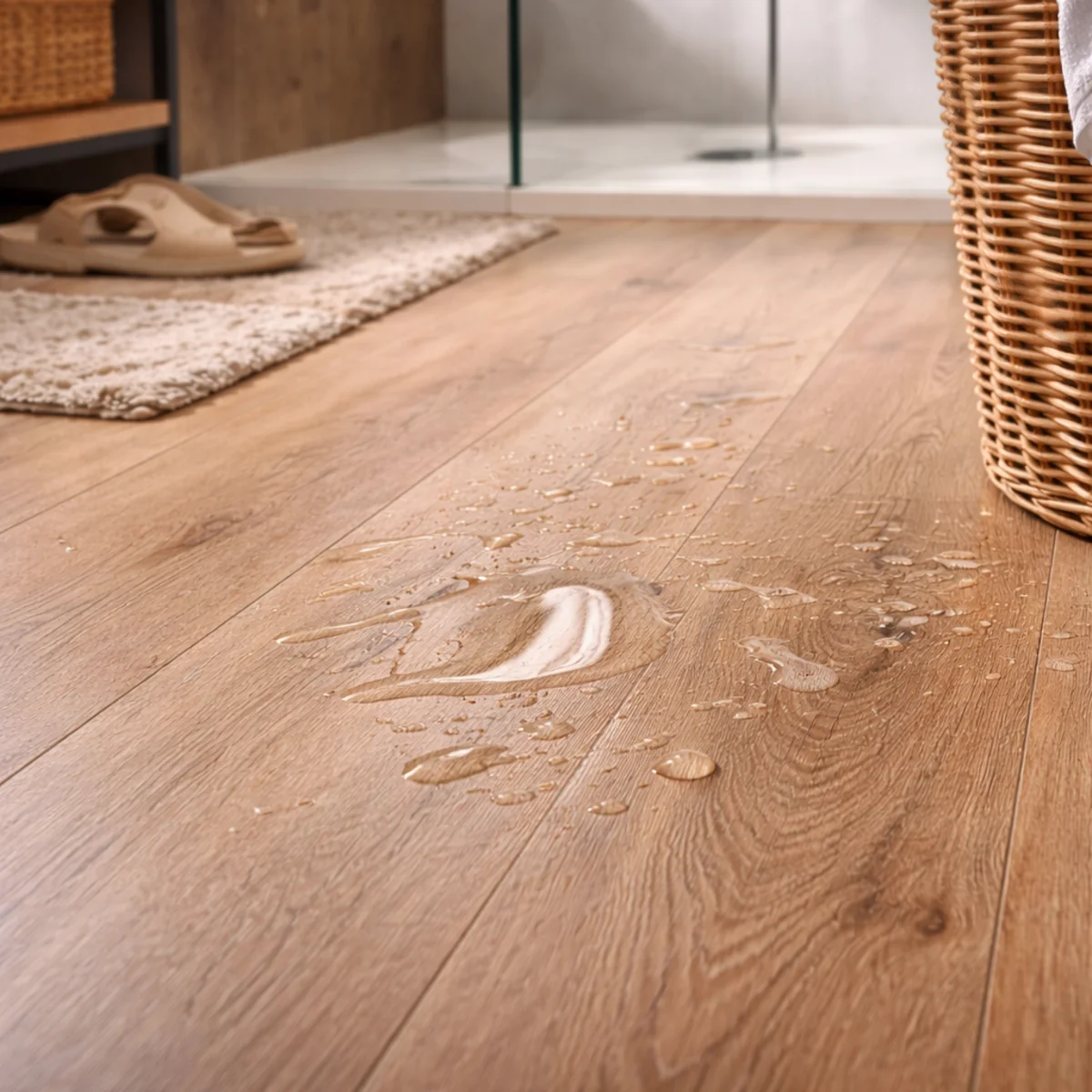 Zbliżenie na panele odporne na wilgoć z widoczną fakturą drewna i kroplami wody