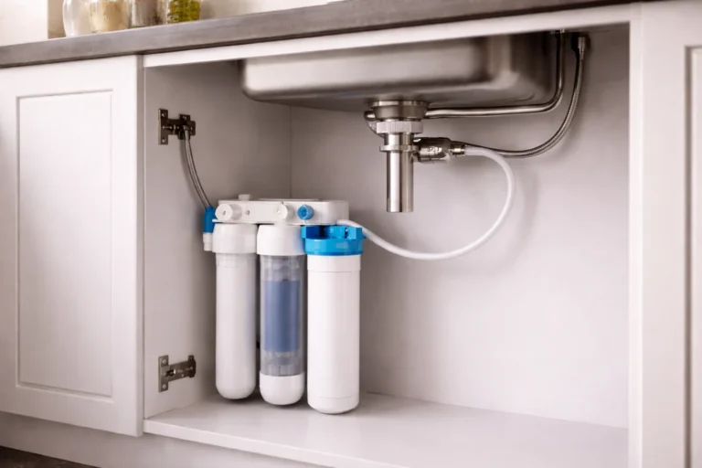 Filtr pod zlewem podłączony do baterii kuchennej w szafce pod zlewem