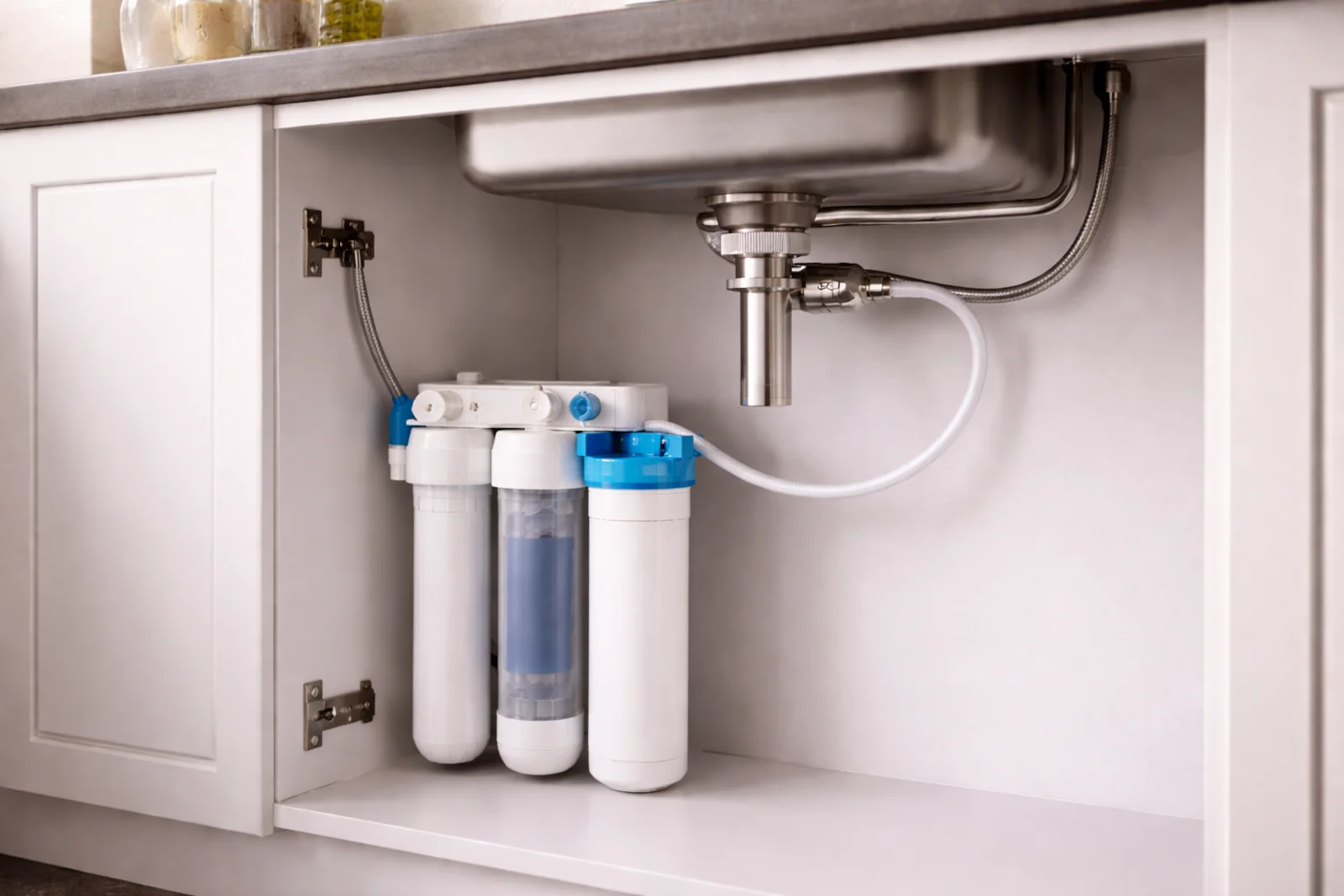 Filtr pod zlewem podłączony do baterii kuchennej w szafce pod zlewem