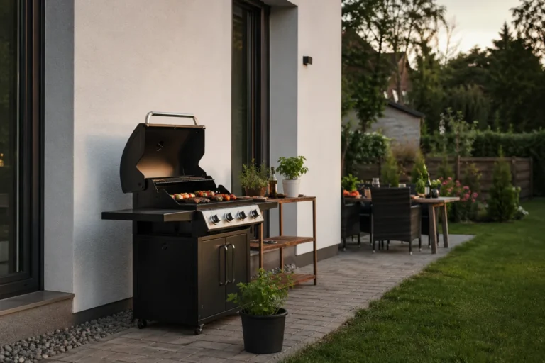 Grill gazowy ustawiony przy elewacji nowoczesnego domu na tarasie z kostki brukowej