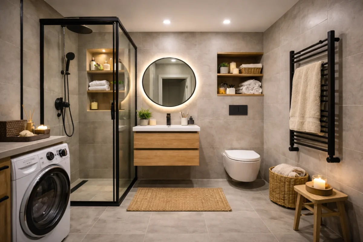 Mała nowoczesna łazienka z kabiną prysznicową, podwieszaną szafką, lustrem LED i pralką