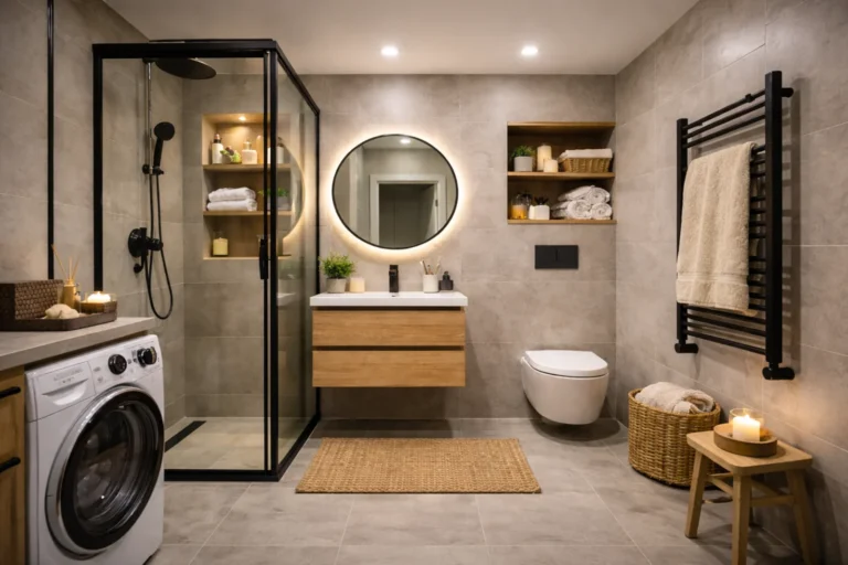 Mała nowoczesna łazienka z kabiną prysznicową, podwieszaną szafką, lustrem LED i pralką