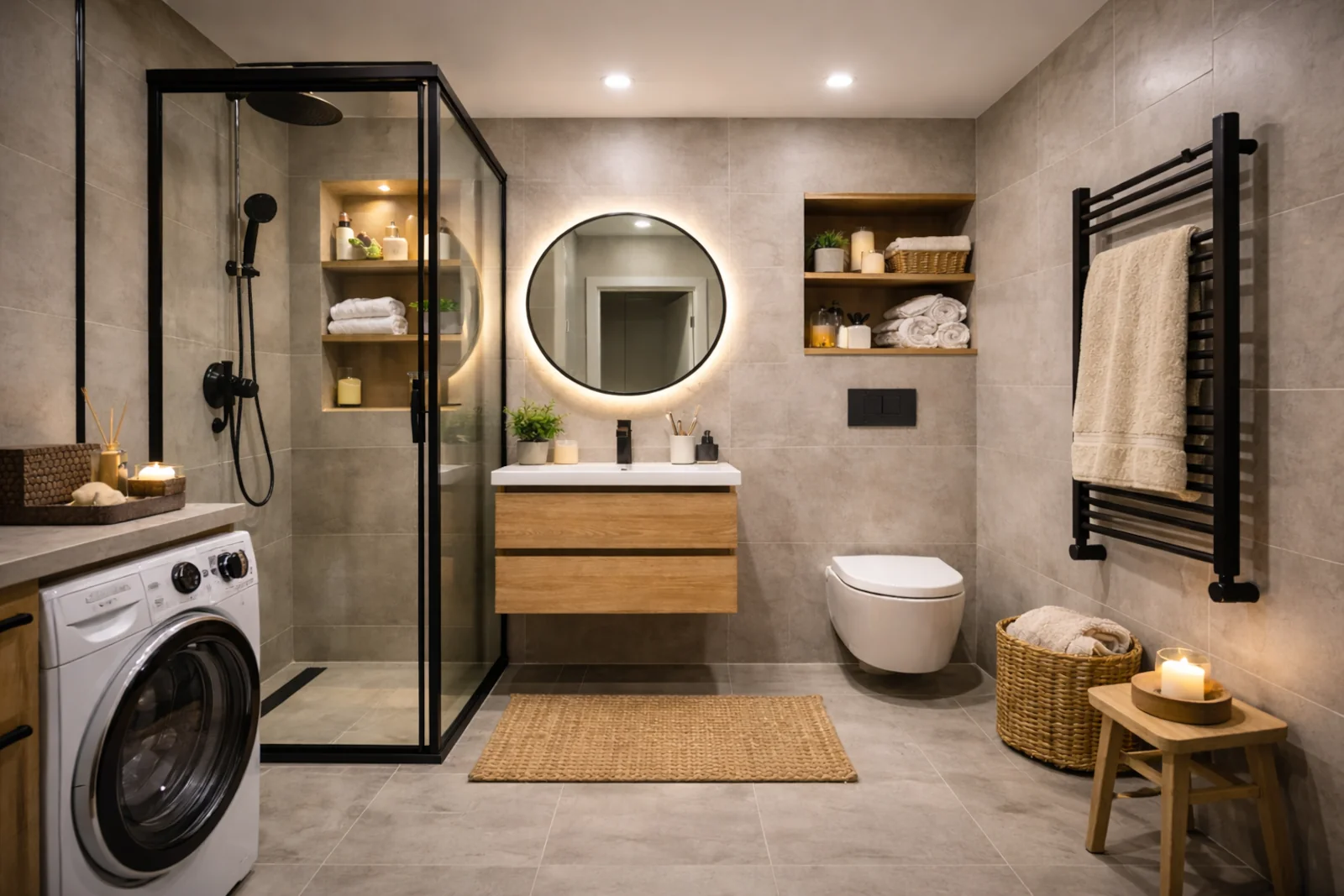 Mała nowoczesna łazienka z kabiną prysznicową, podwieszaną szafką, lustrem LED i pralką