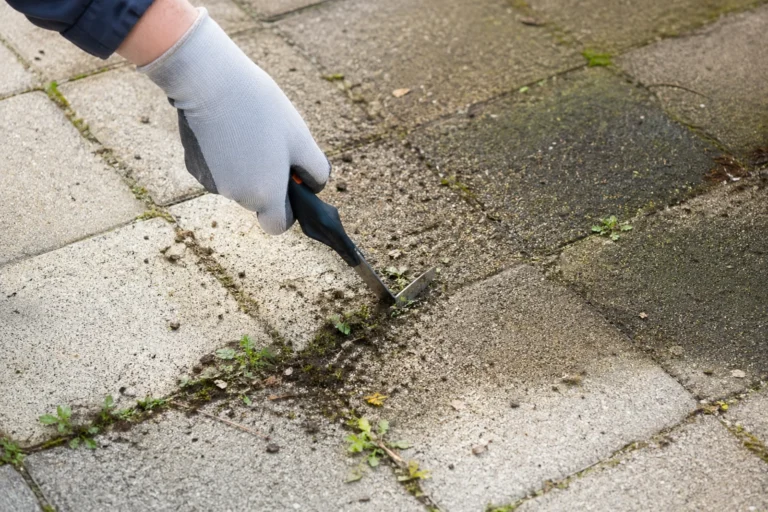 Czyszczenie szpar w kostce brukowej skrobakiem z mchu, ziemi i chwastów