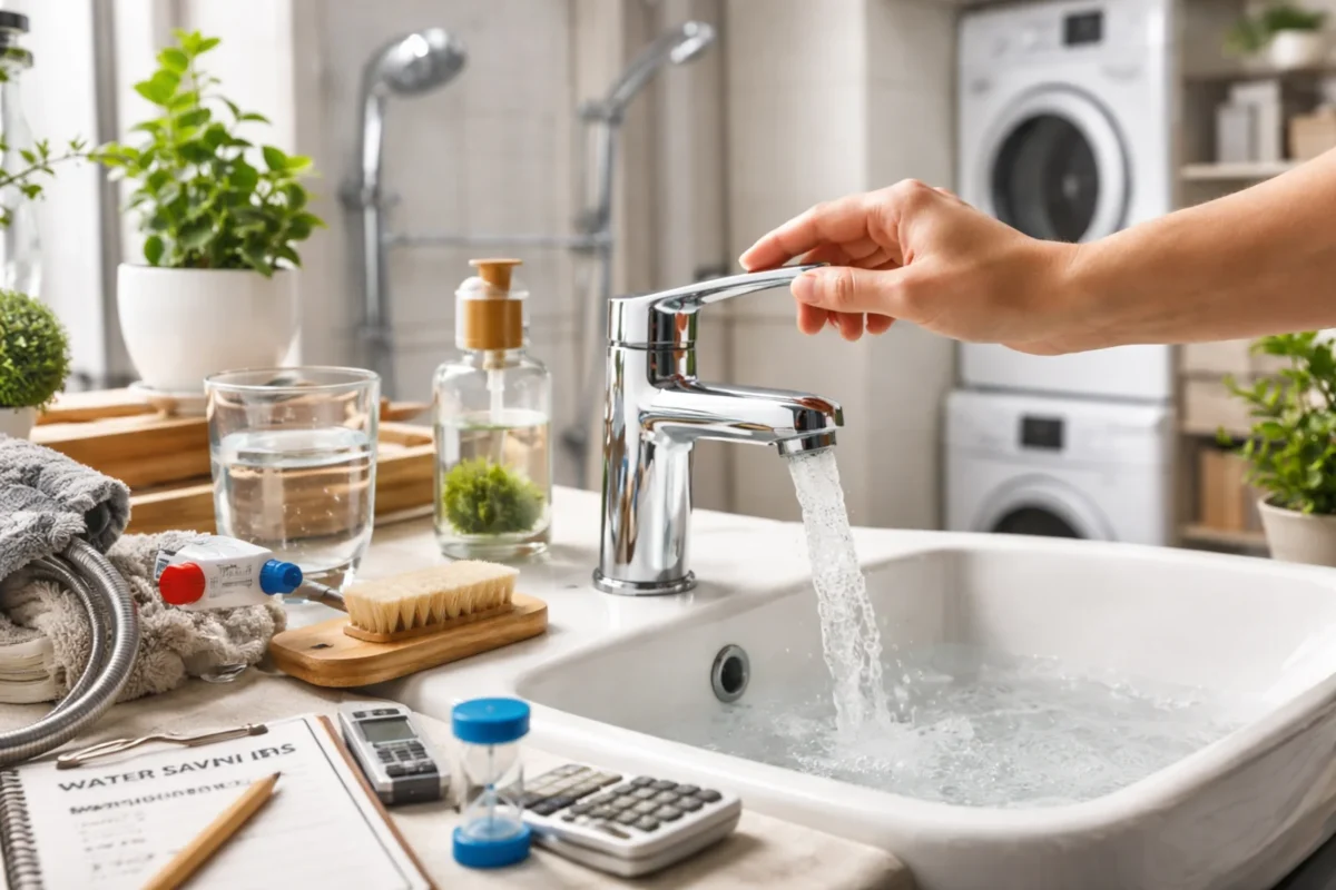 Nowoczesna bateria łazienkowa z lecącą wodą w jasnej łazience, zdjęcie do artykułu o tym, jak zmniejszyć zużycie wody