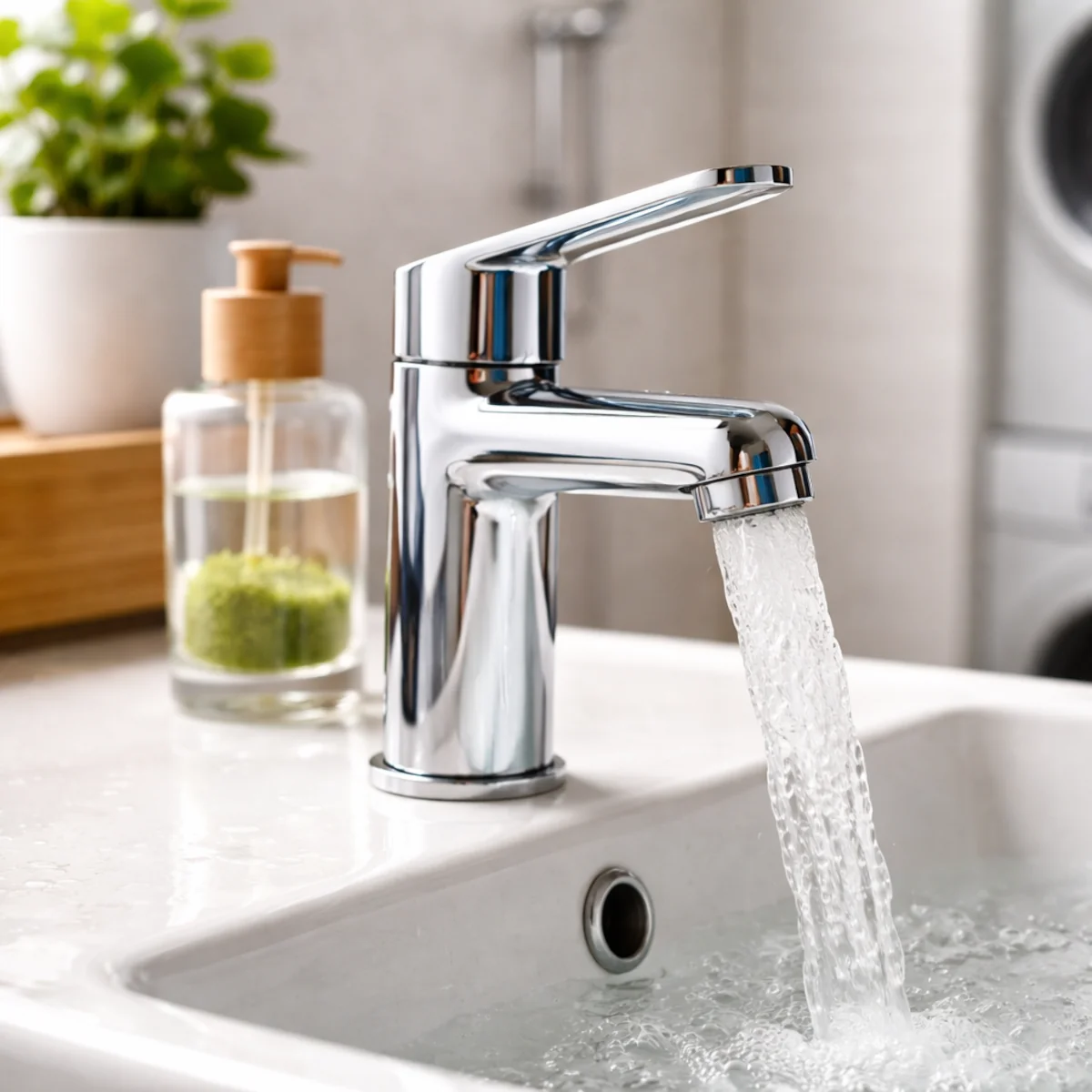 Zbliżenie na nowoczesny kran z lecącą wodą w łazience, sposób na zmniejszenie zużycia wody