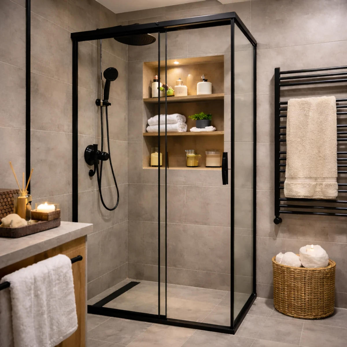 Kabina prysznicowa z przesuwanymi drzwiami w małej nowoczesnej łazience