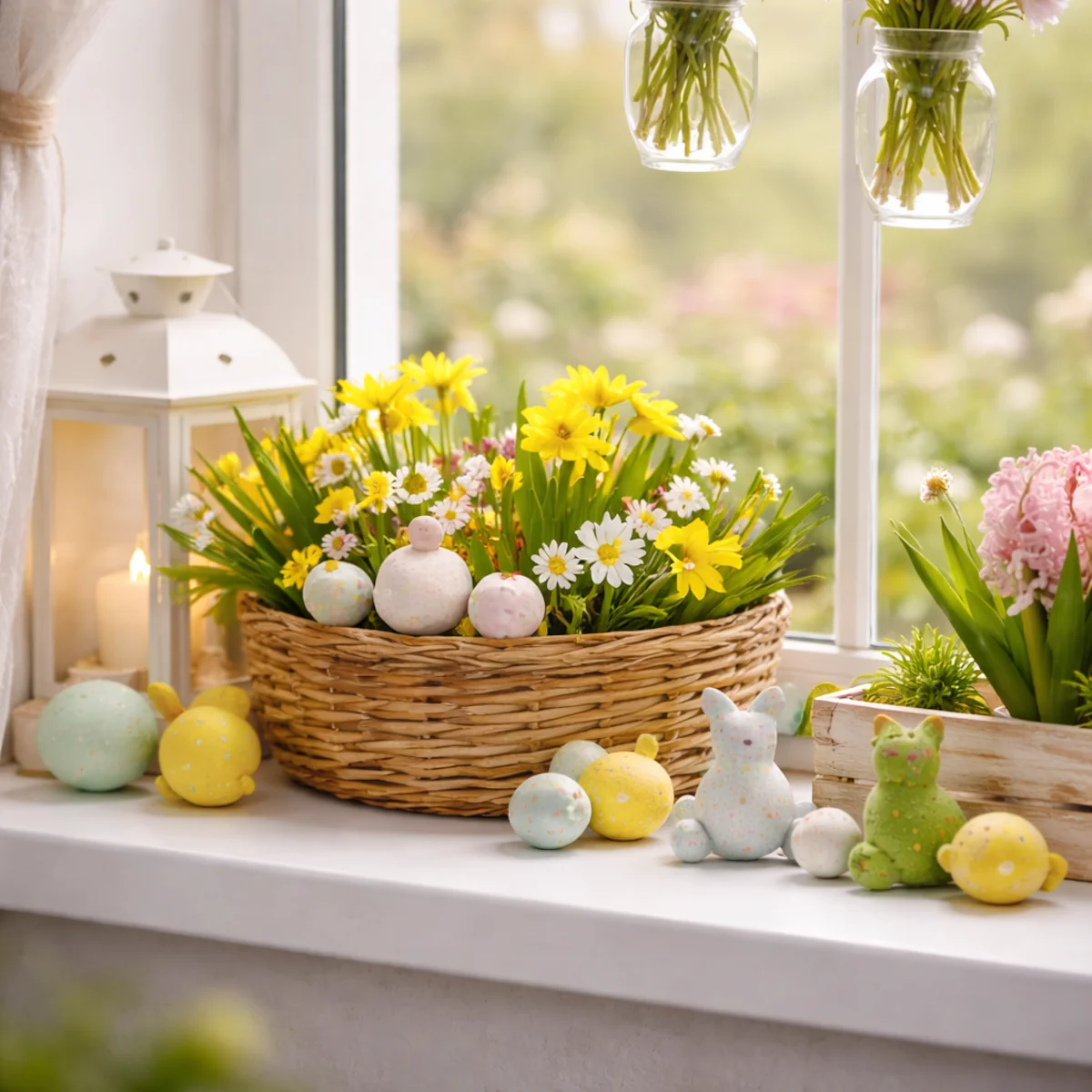 Ultra zbliżenie na koszyczki i dekoracje wiosenne na parapecie przy oknie