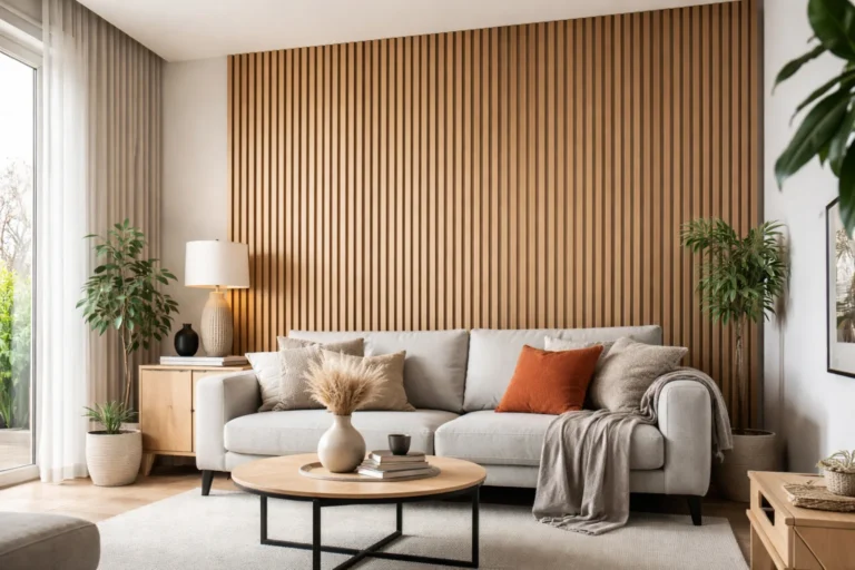 Lamele drewniane na ścianę w nowoczesnym salonie za jasną sofą i drewnianym stolikiem