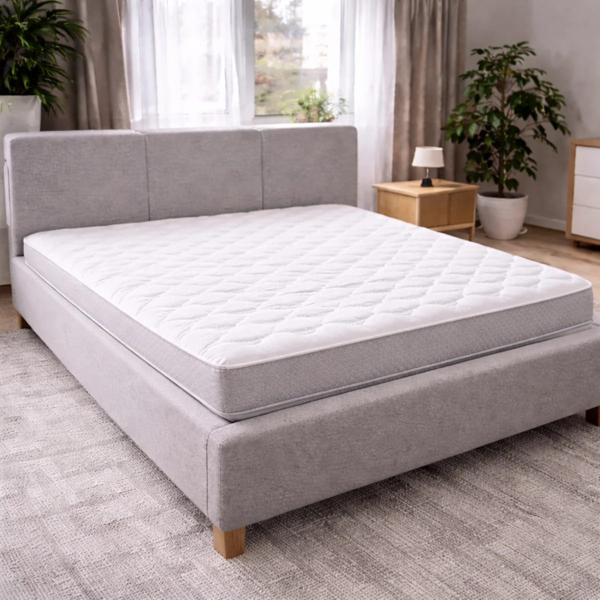 Łóżko tapicerowane 160x200 z materacem w nowoczesnej sypialni