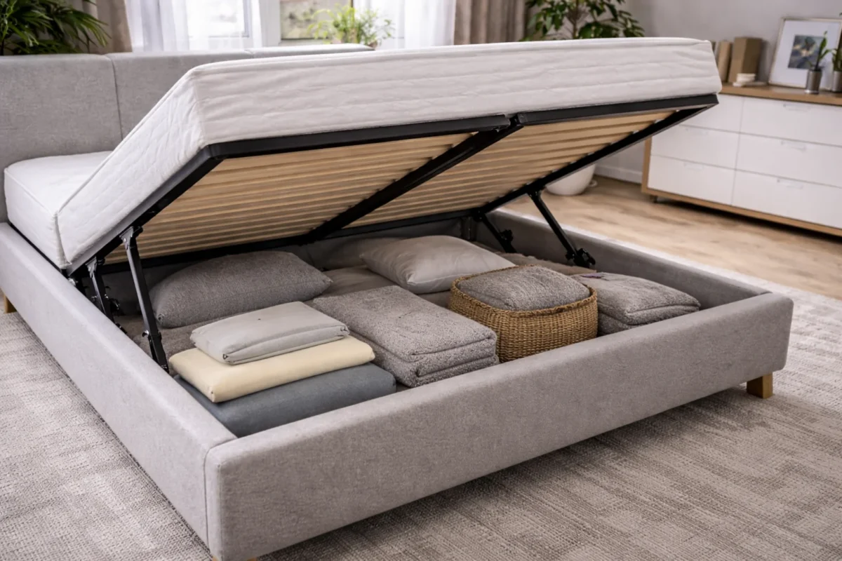 Łóżko tapicerowane z pojemnikiem na pościel i stelażem otwieranym do góry na siłownikach