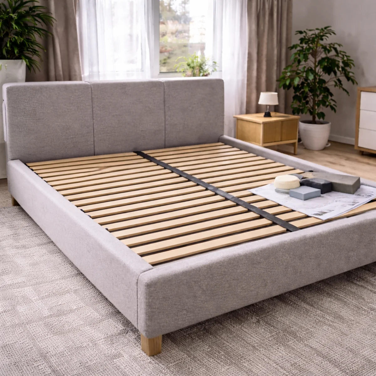 Łóżko tapicerowane ze stelażem listwowym w nowoczesnej sypialni