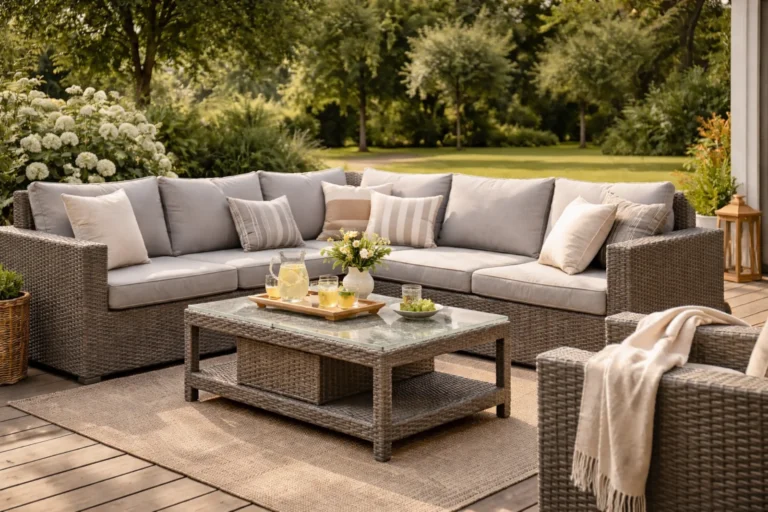 Meble ogrodowe z technorattanu na drewnianym tarasie z widokiem na zielony ogród