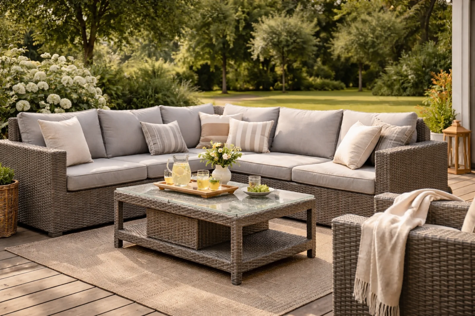 Meble ogrodowe z technorattanu na drewnianym tarasie z widokiem na zielony ogród