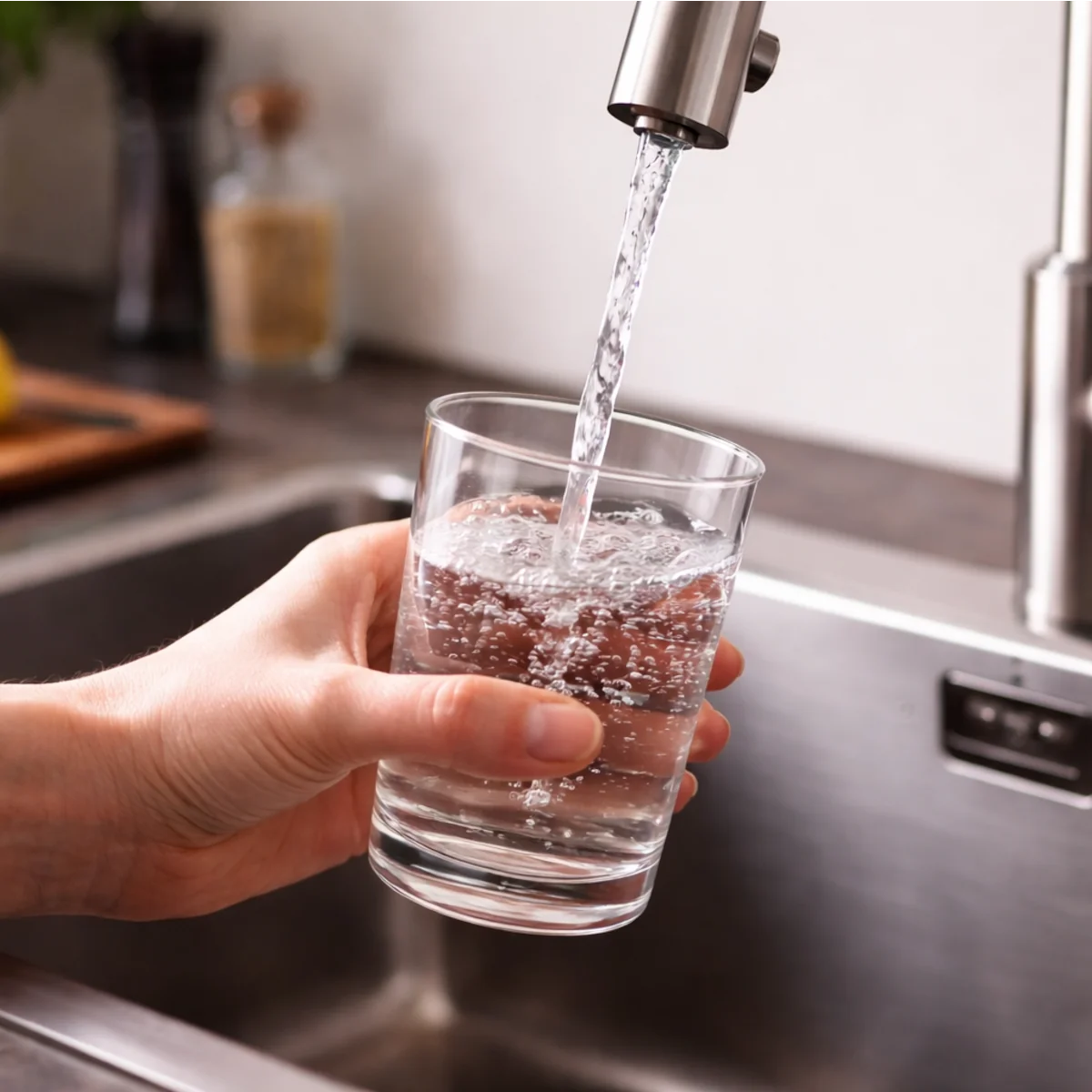 Bateria z filtrem wody nad kuchennym zlewem podczas nalewania wody do szklanki