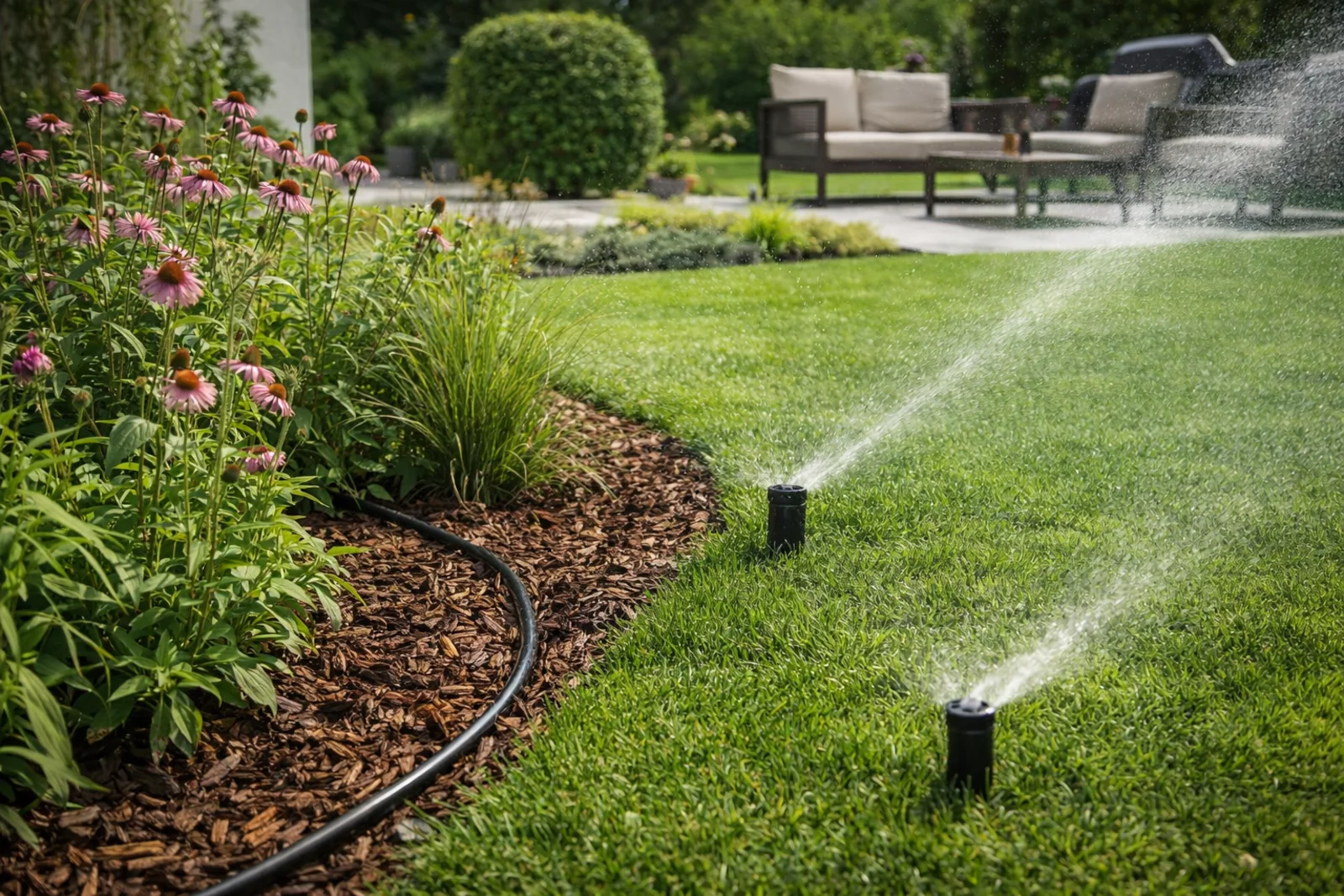 Niewidoczne nawadnianie ogrodu z wynurzalnymi zraszaczami przy trawniku i rabacie