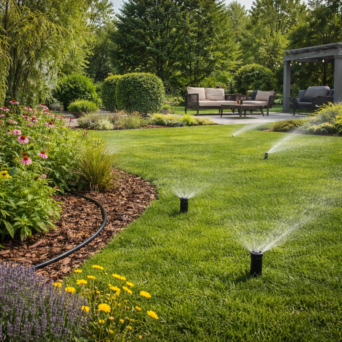 Nowoczesny ogród z niewidocznym systemem nawadniania i zraszaczami wynurzalnymi