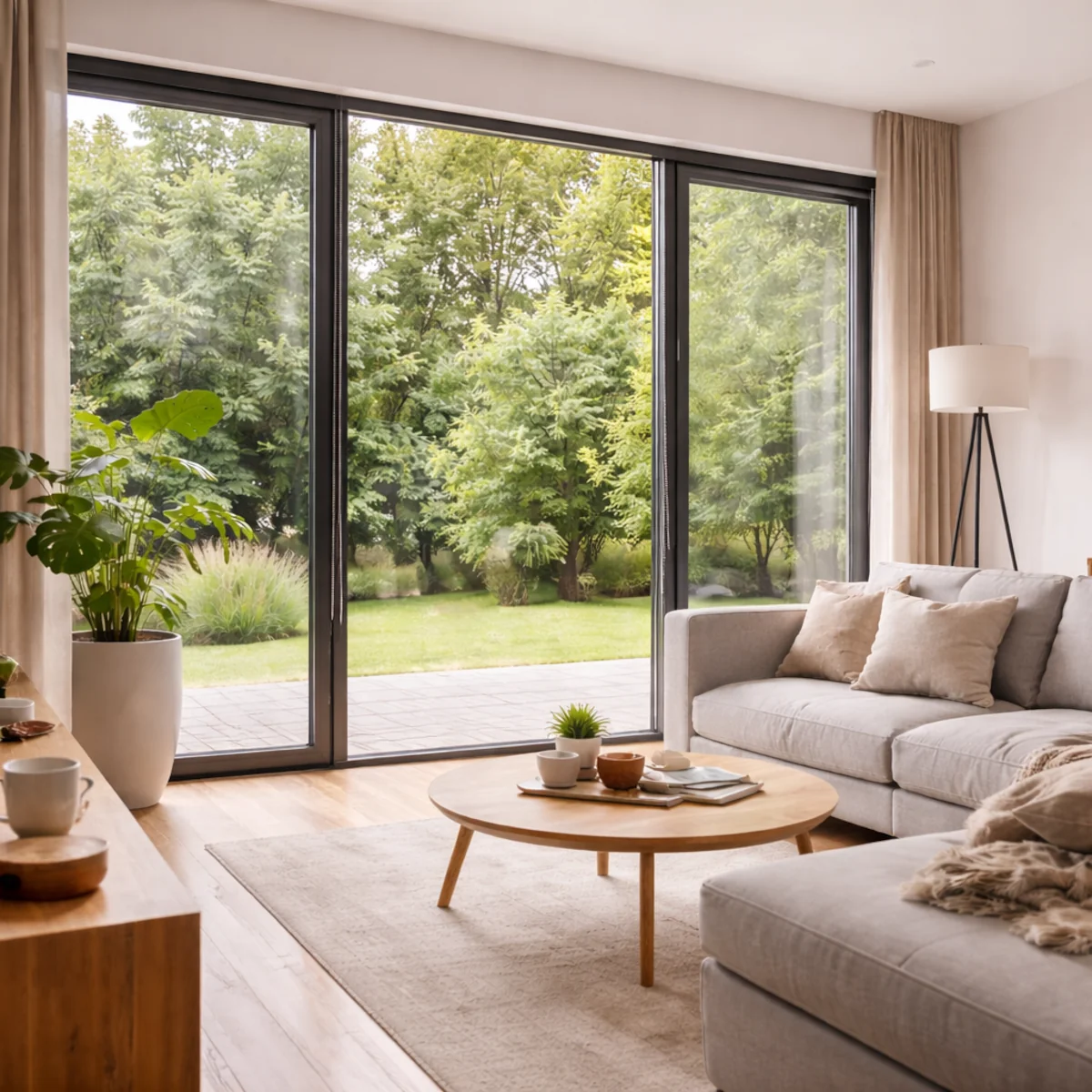Odsłonięte automatyczne rolety w domu w jasnym salonie z widokiem na ogród
