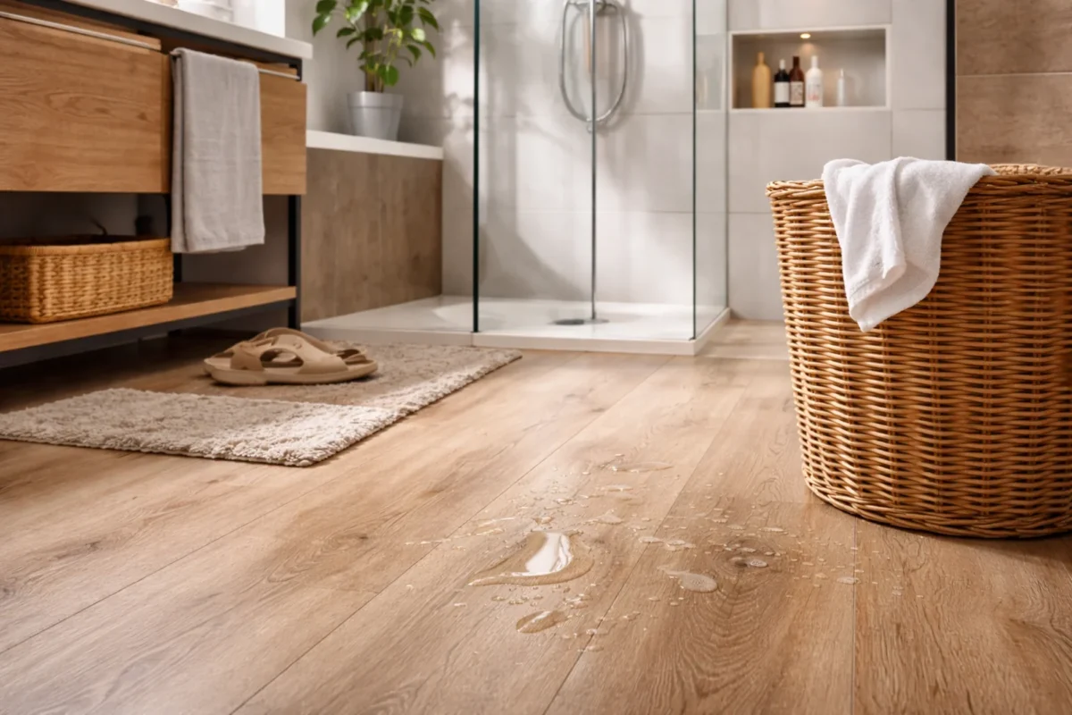 Panele odporne na wilgoć w nowoczesnej łazience z jasną podłogą drewnopodobną i kroplami wody