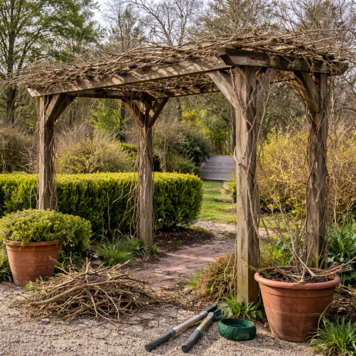 Cała drewniana pergola po przycięciu pnączy we wczesnej wiośnie