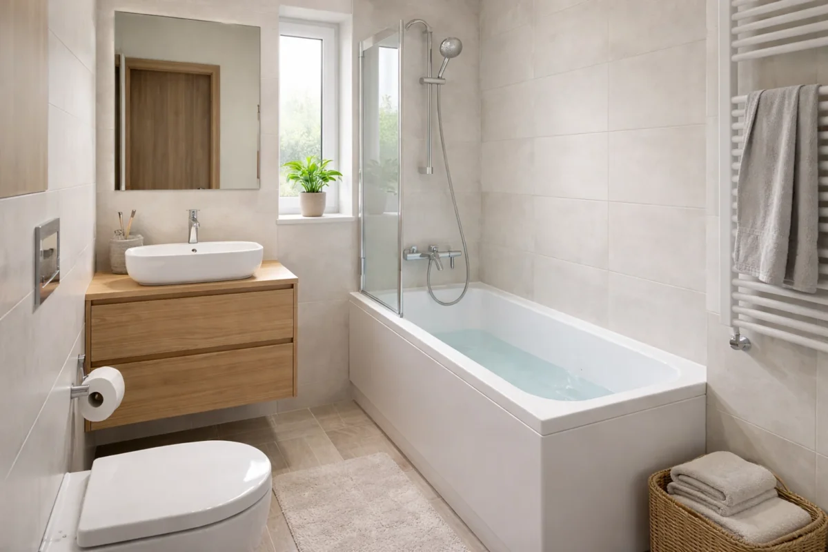 Prosta mała łazienka z wanną, umywalką i grzejnikiem drabinkowym