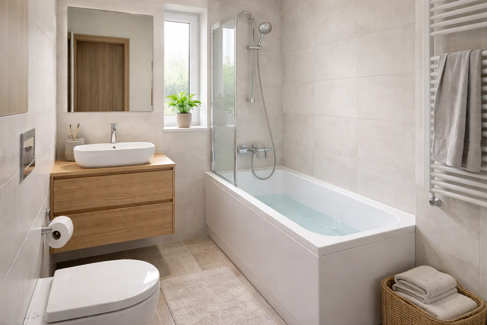 Prosta mała łazienka z wanną, umywalką i grzejnikiem drabinkowym