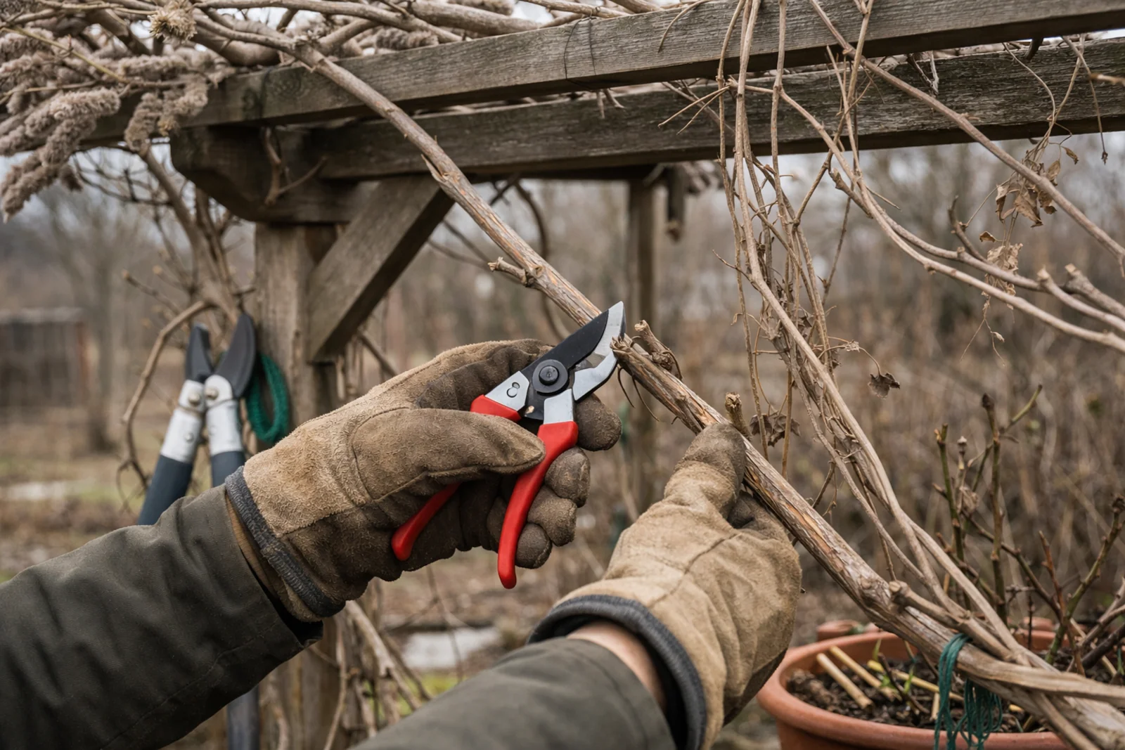 Przycinanie zdrewniałych pędów na pergoli wczesną wiosną za pomocą sekatora