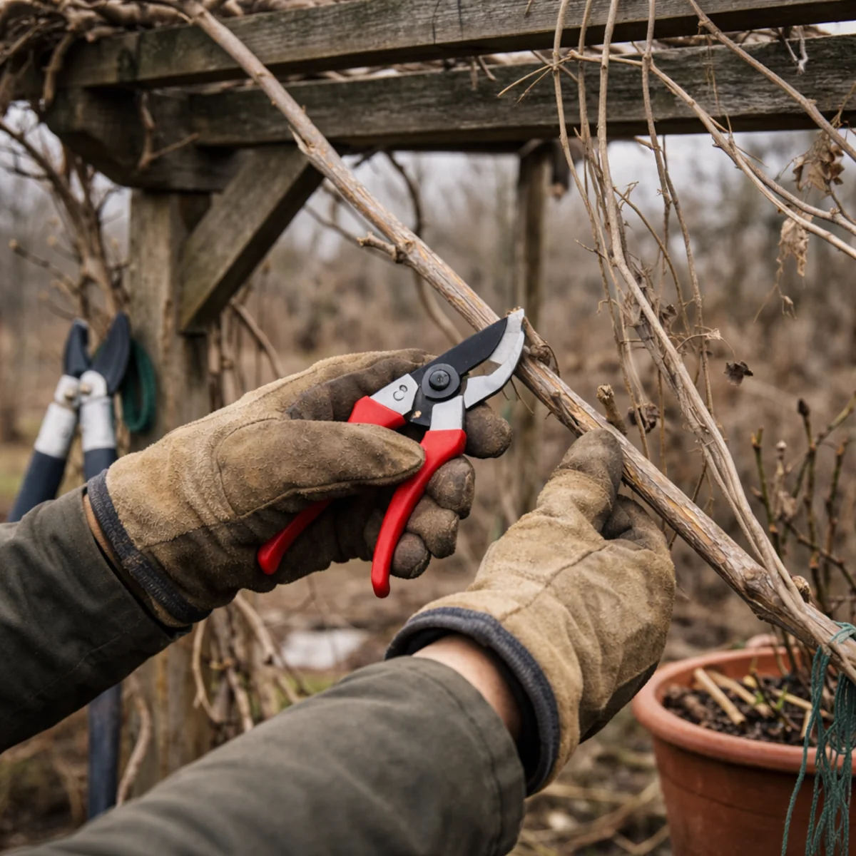 Zbliżenie na przycinanie pnączy na drewnianej pergoli we wczesnej wiośnie