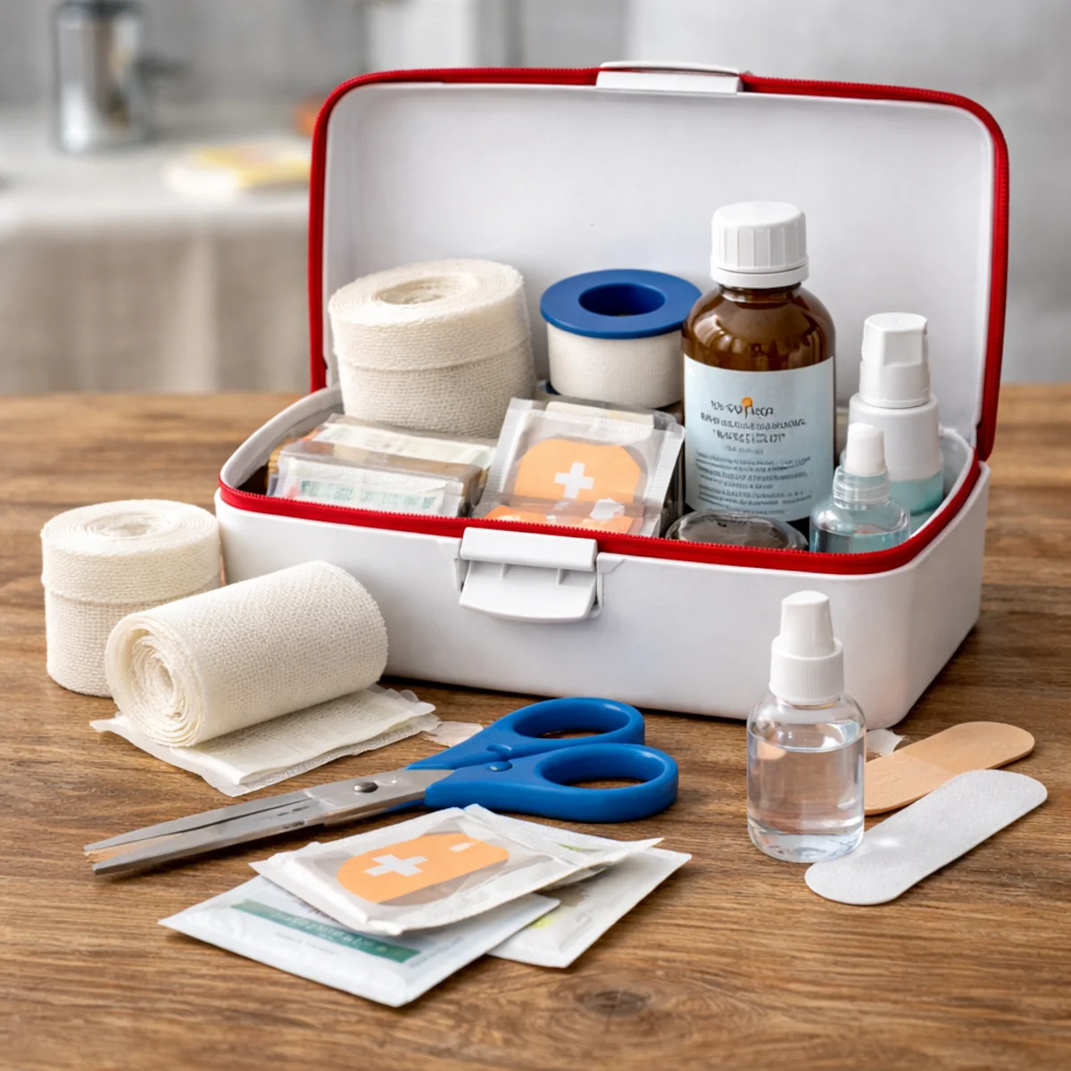 Skromna apteczka domowa z bandażem, plastrami, wodą utlenioną i nożyczkami