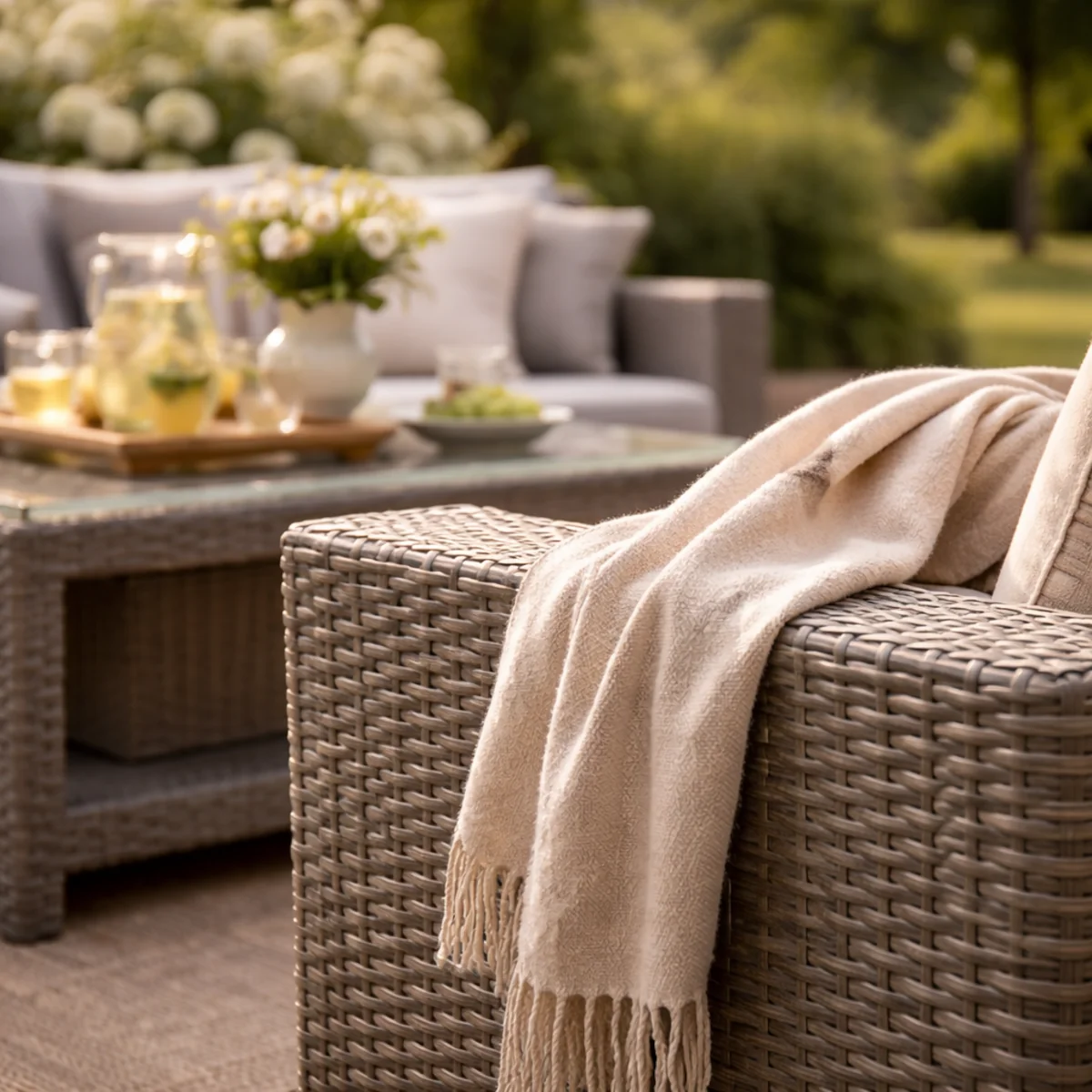 Zbliżenie na splot technorattanu na fotelu ogrodowym z jasnym pledem