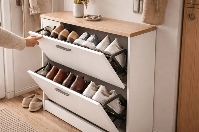 Nowoczesna szafka na buty z uchylnymi frontami w jasnym przedpokoju