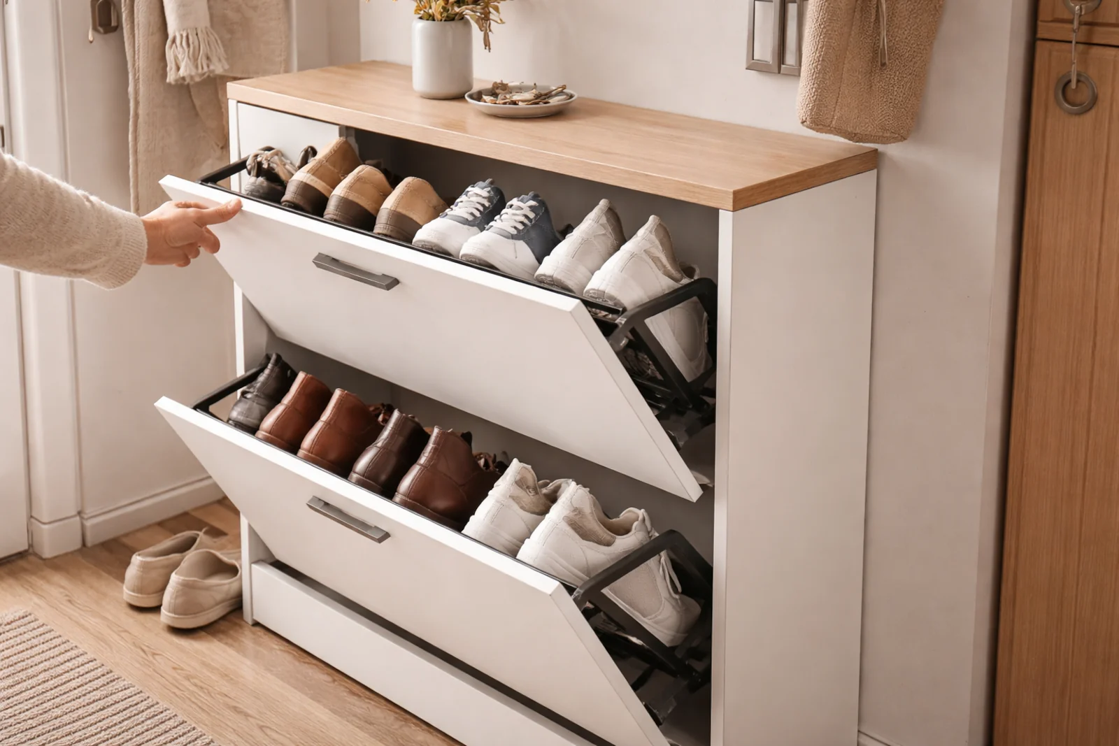 Nowoczesna szafka na buty z uchylnymi frontami w jasnym przedpokoju