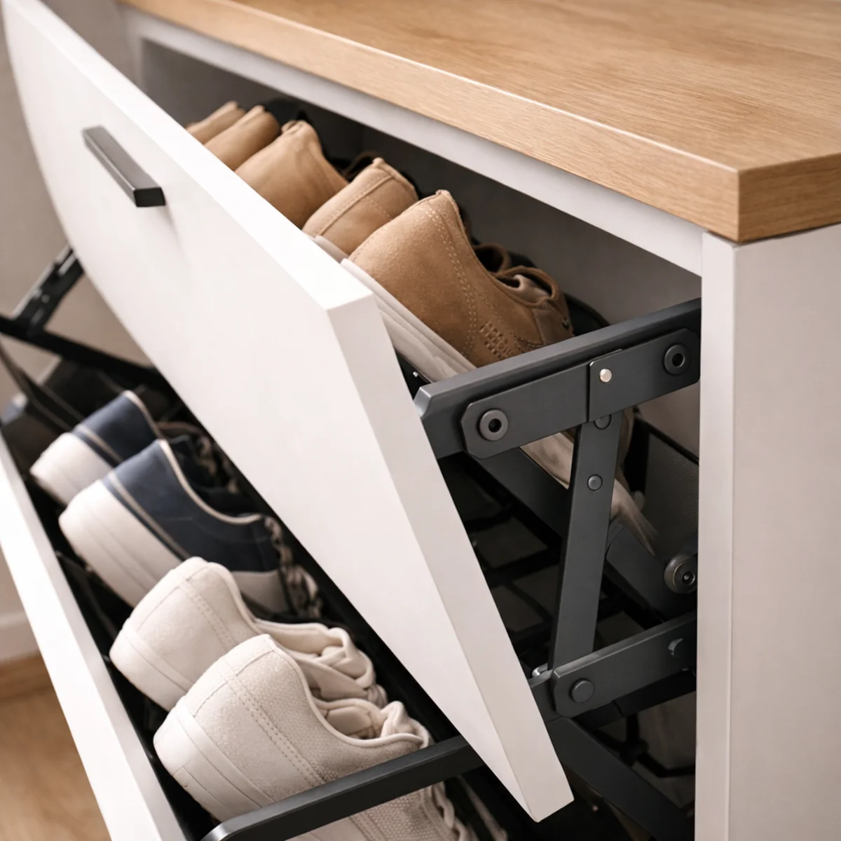 Zbliżenie na zawiasy uchylne w szafce na buty z otwartym frontem