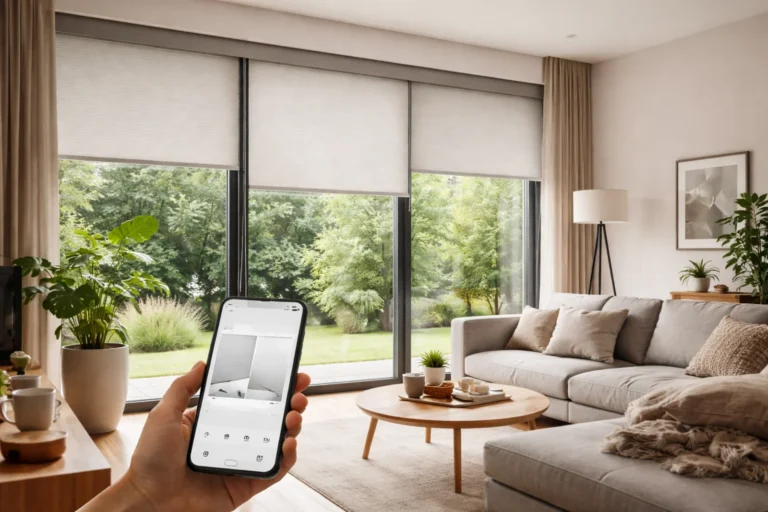 Sterowanie automatycznymi roletami w domu z aplikacji w nowoczesnym salonie